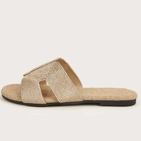 Neutral tan with metallic tint woven Cut Out Open Toe H Slide Sandals, Flats - Picture 2 of 4